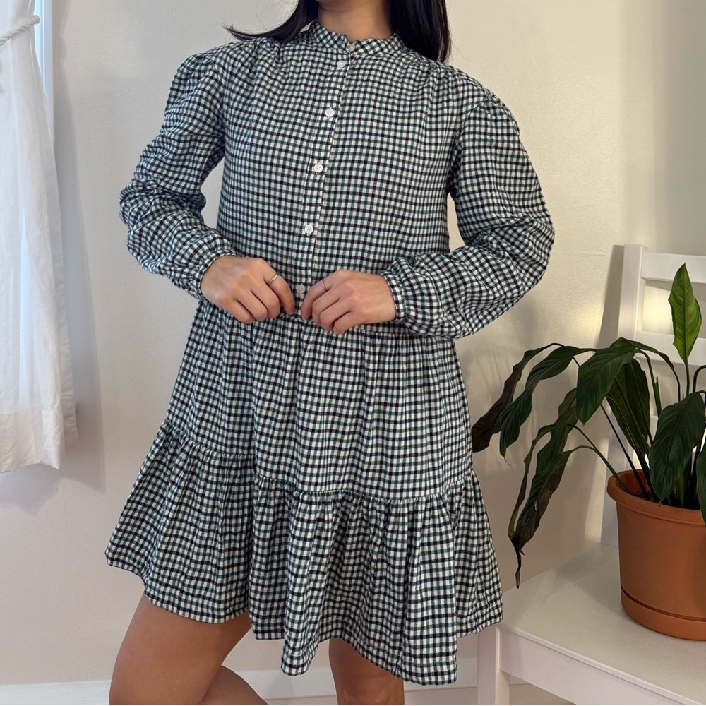 Gap 100% Cotton Checkered Plaid Tiered Green And Navy Mini Dress Buttons Size XS